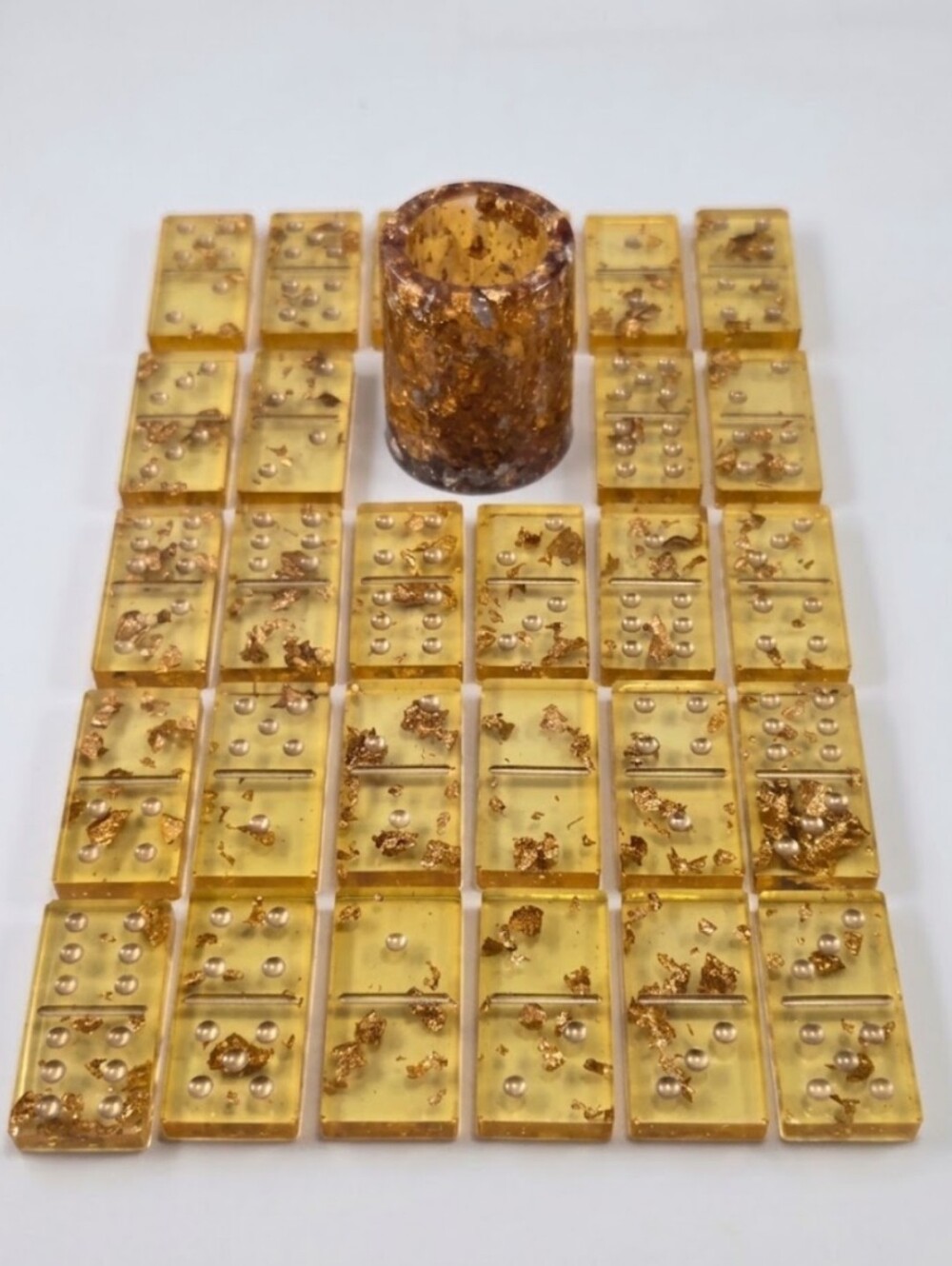 Handmade Amber Resin & Gold Leaf Domino Set + Matching Mini Dice Cup